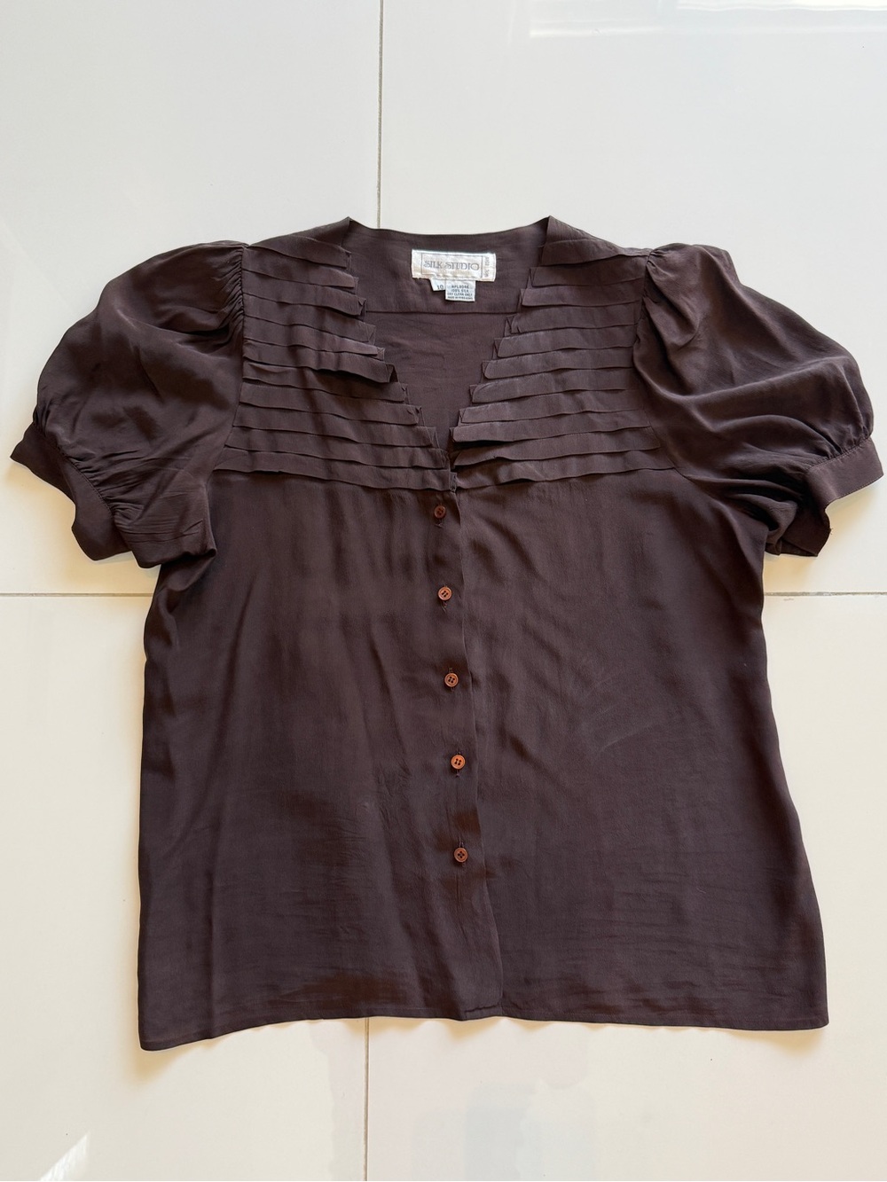100% Silk Vintage Brown Pleated Front Button-Up Top